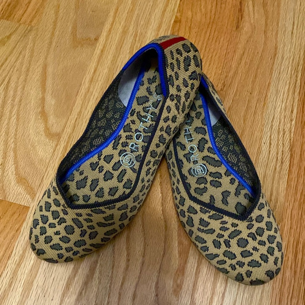 Rothy's Leopard Print Ballet Flats with Blue Trim and Red Heel Accent